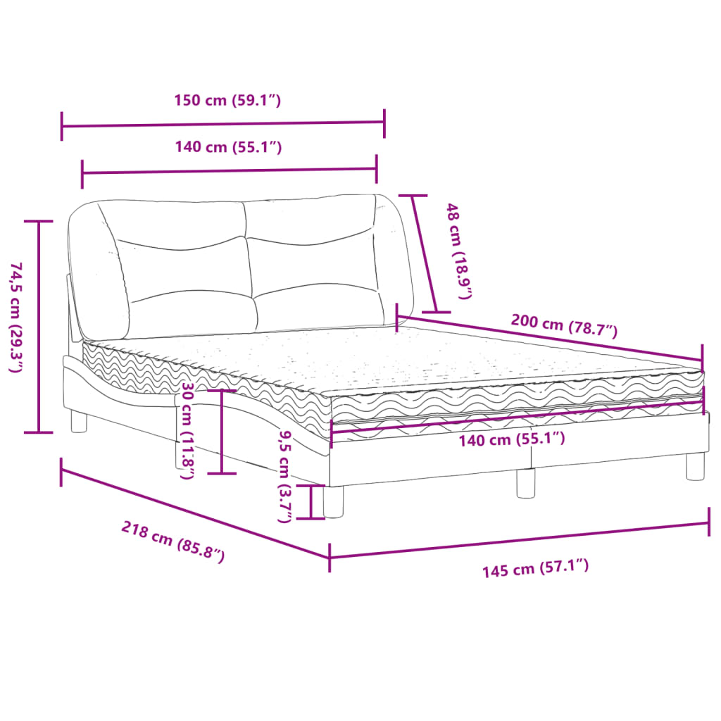 vidaXL gulta ar matraci, melna, 140x200 cm, audums