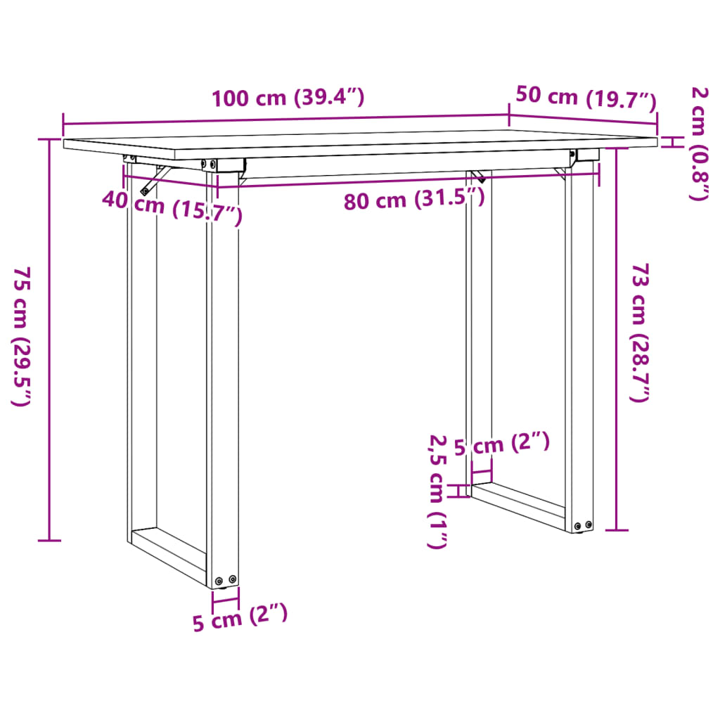 vidaXL virtuves galds, O-rāmis, 100x50x75 cm, priedes koks, čuguns