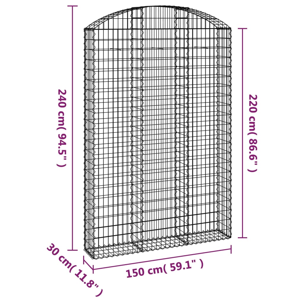 vidaXL arkveida gabiona grozs, 150x30x220/240 cm, cinkota dzelzs