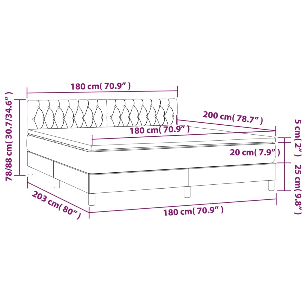 vidaXL atsperu gulta ar matraci, LED, zils audums, 180x200 cm