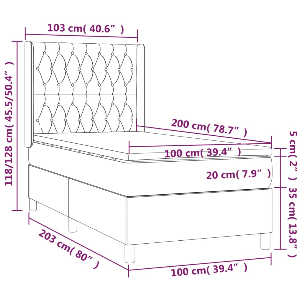 vidaXL atsperu gulta ar matraci, LED, krēmkrāsas audums, 100x200 cm