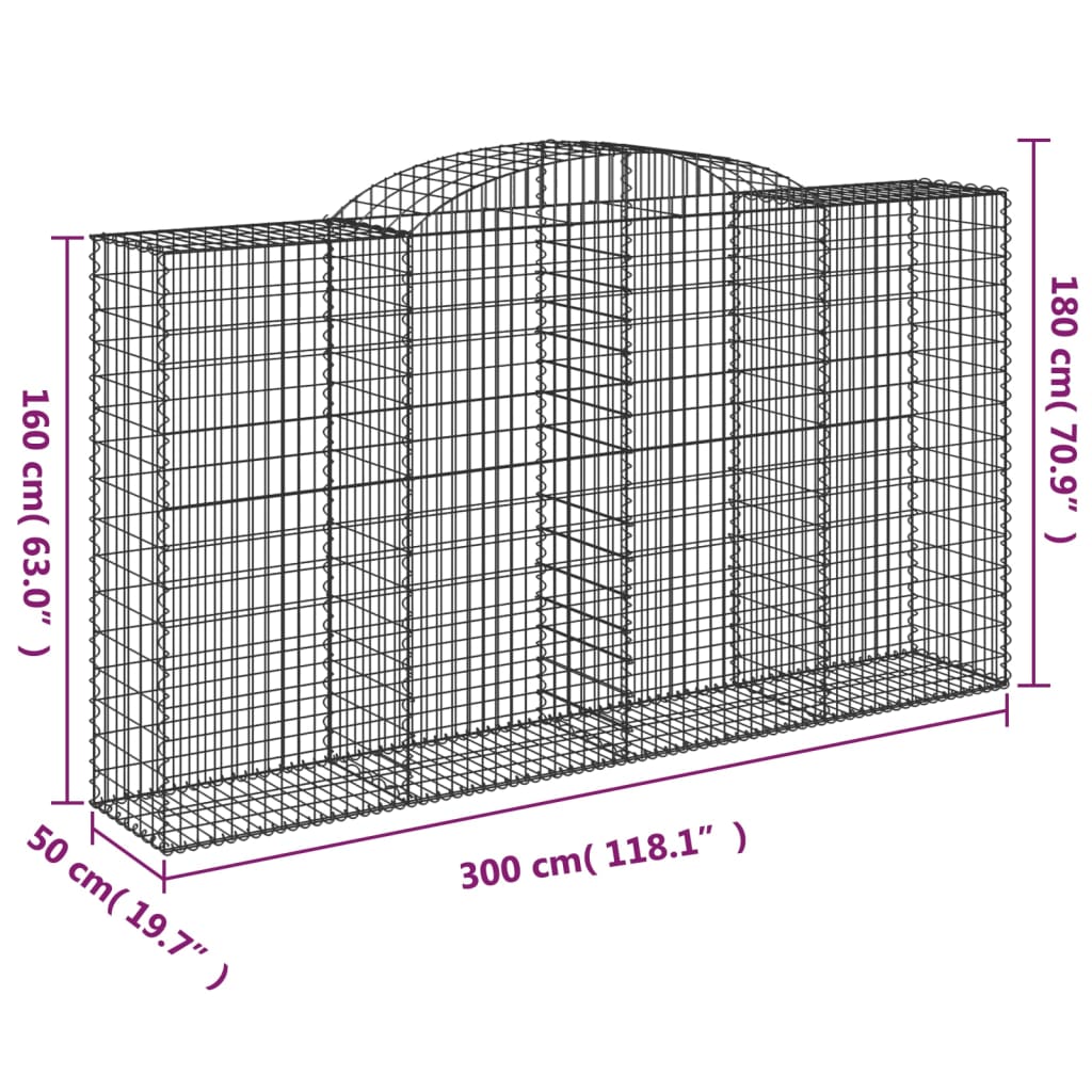 vidaXL arkveida gabiona grozi, 20gb., 300x50x160/180cm, cinkota dzelzs