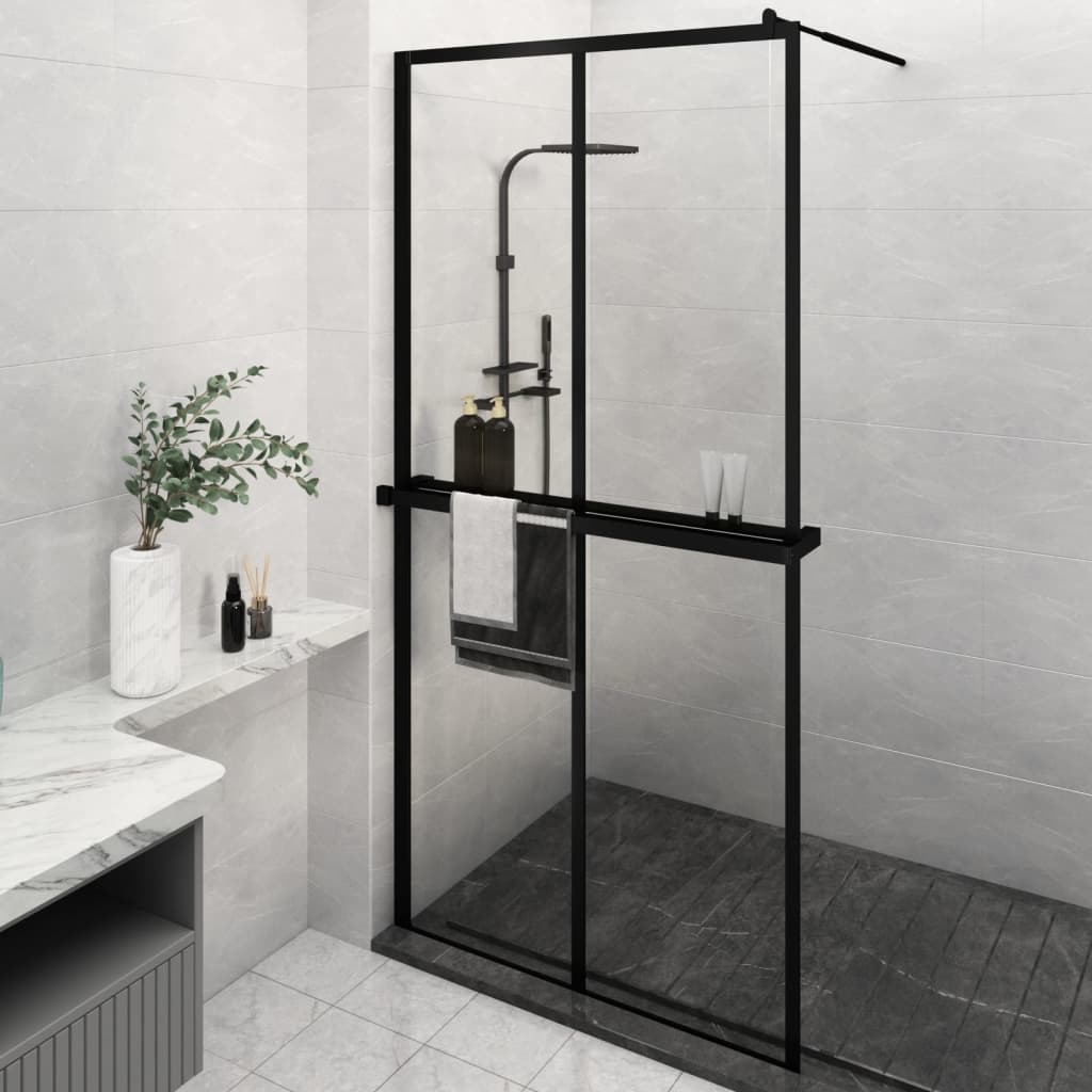 vidaXL dušas siena ar plauktu, melna, 118x190cm, ESG stikls, alumīnijs