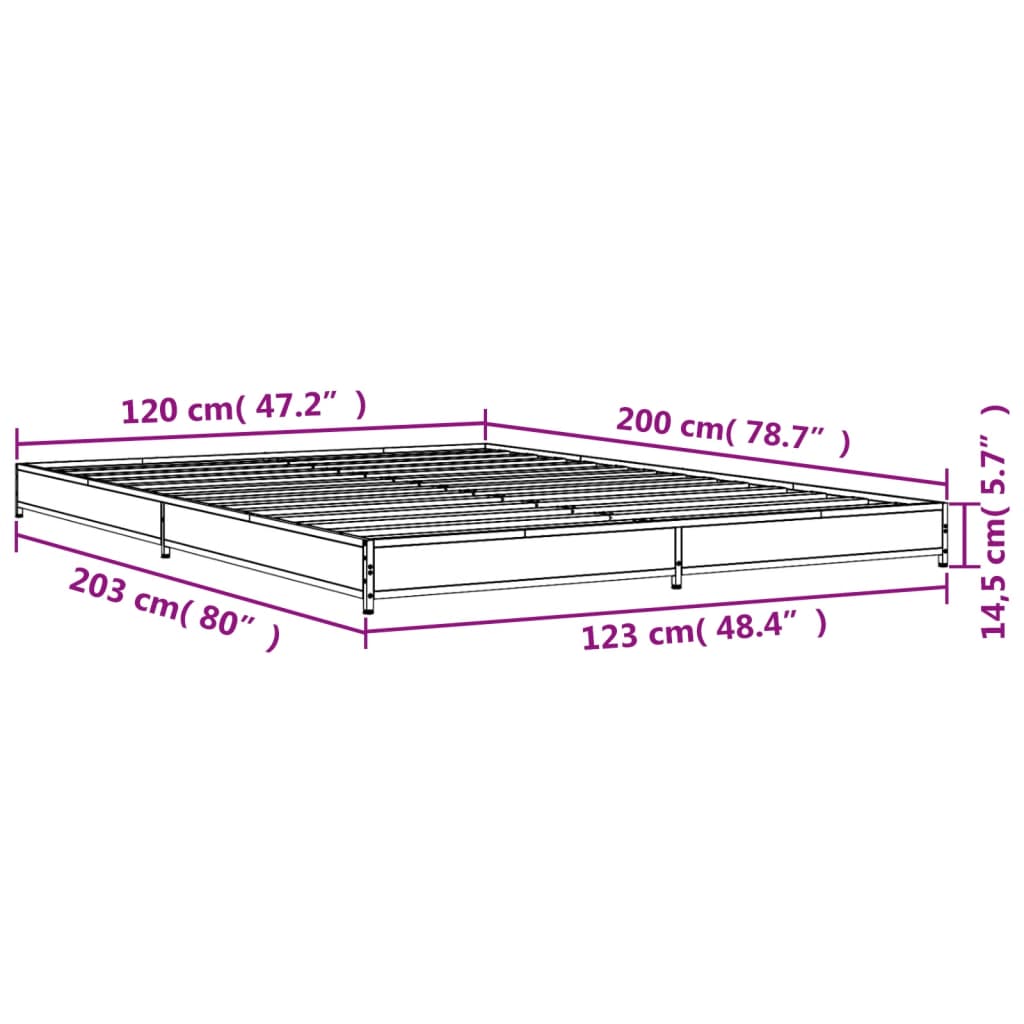 vidaXL gultas rāmis, ozola krāsā, 120x200cm, inženierijas koks, metāls