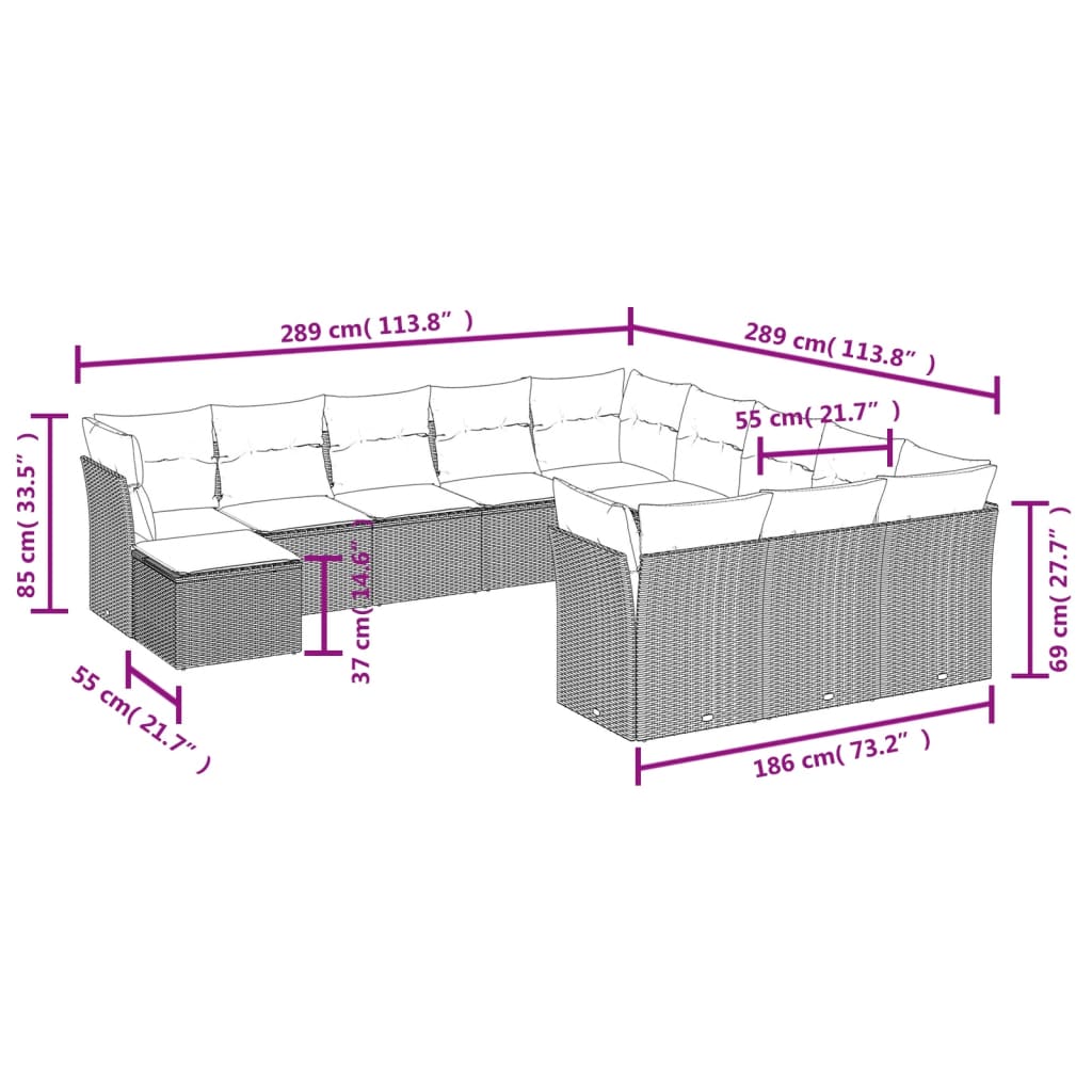 vidaXL 12-daļīgs dārza dīvānu komplekts, matrači, melna PE rotangpalma