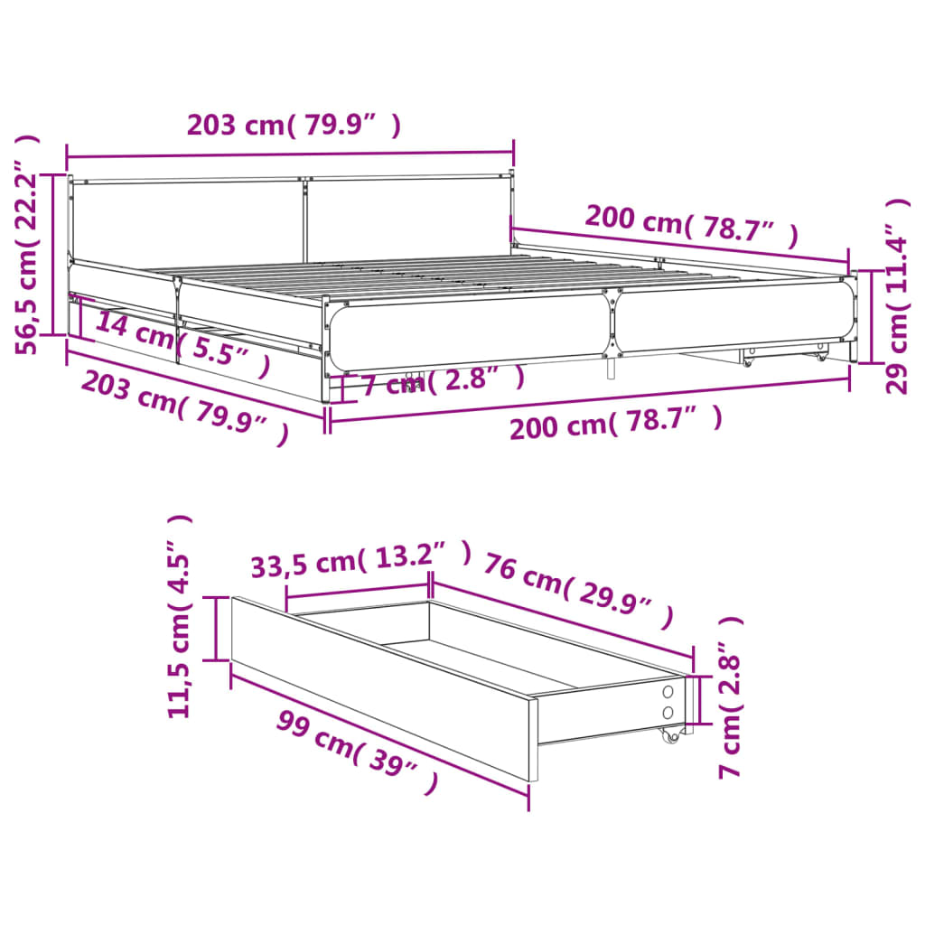 vidaXL gultas rāmis ar atvilktnēm, ozola, 200x200cm, inženierijas koks