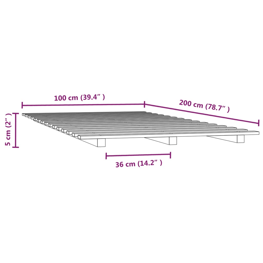 vidaXL gultas rāmis, melns, 100x200 cm, priedes masīvkoks