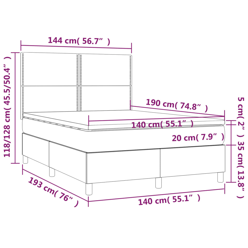 vidaXL atsperu gulta ar matraci, LED, tumši zils samts, 140x190 cm