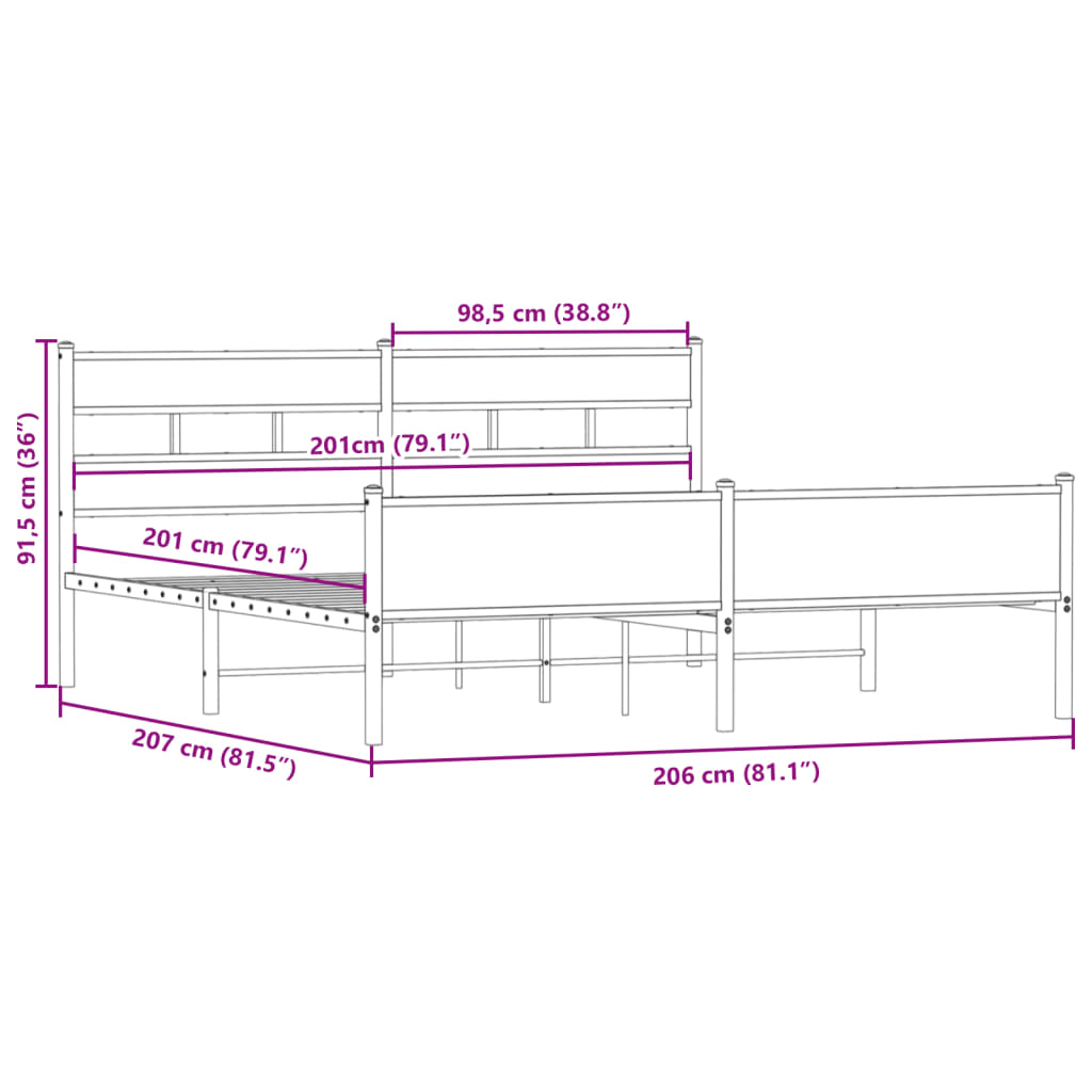 vidaXL gultas rāmis bez matrača, metāls, 200x200cm, ozolkoka imitācija