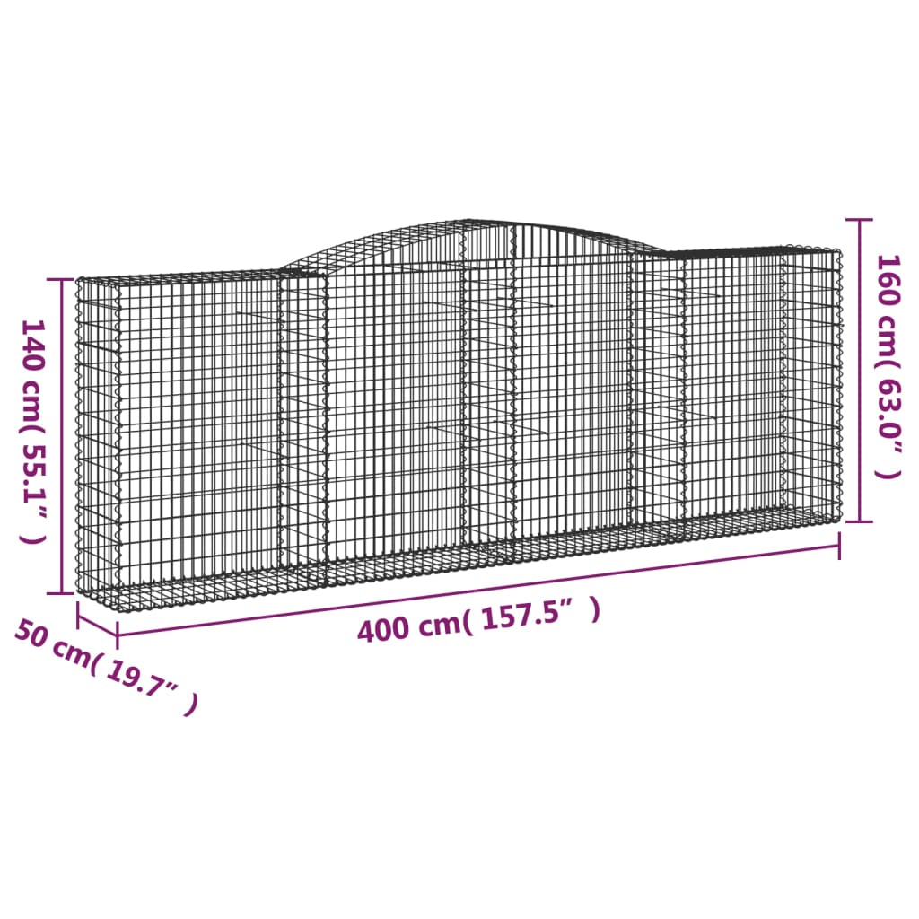 vidaXL arkveida gabiona grozi, 25 gab., 400x50x140/160 cm, dzelzs