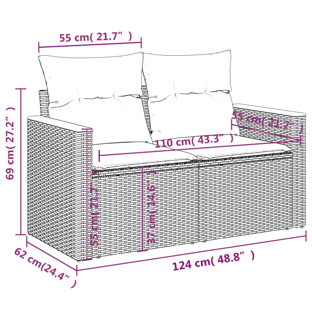 vidaXL 9-daļīgs dārza dīvāna komplekts, matrači, bēša PE rotangpalma