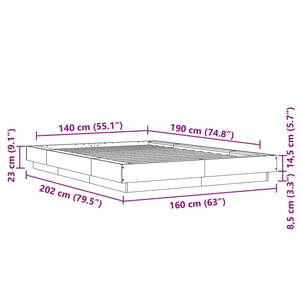 vidaXL gultas rāmis ar LED, betona pelēks,140x190cm, inženierijas koks