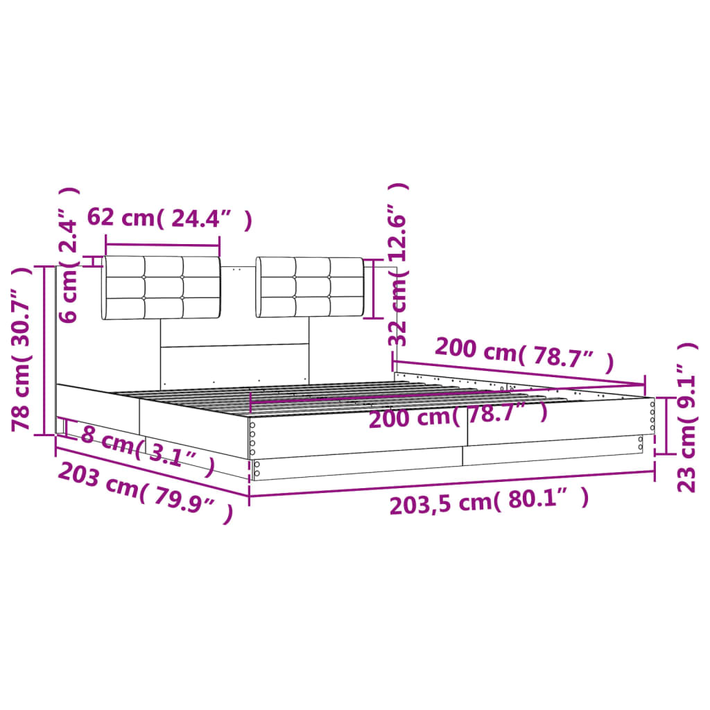 vidaXL gultas rāmis ar galvgali, pelēka ozolkoka, 200x200 cm