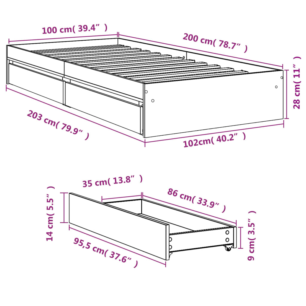 vidaXL gultas rāmis ar atvilktnēm, betona pelēks, 100x200 cm