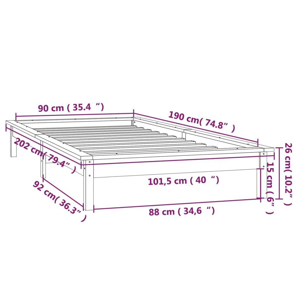 vidaXL gultas rāmis ar LED, medus brūns, 90x190 cm, masīvkoks