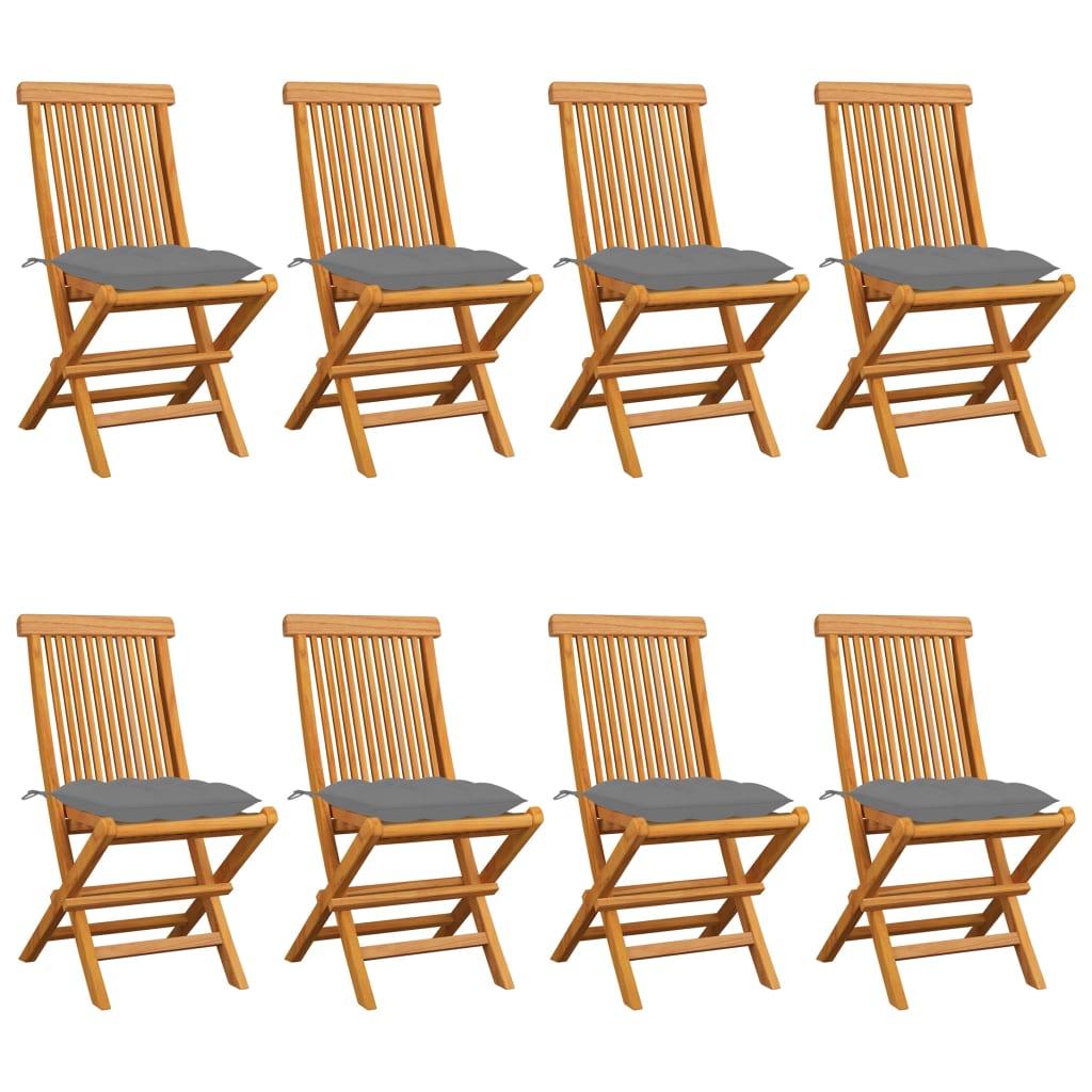 vidaXL dārza krēsli, 8 gab., pelēki matrači, masīvs tīkkoks