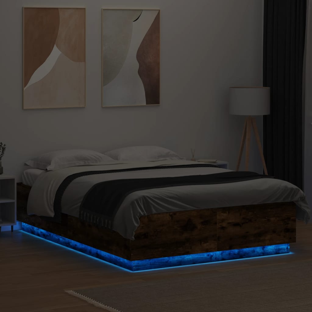 vidaXL gultas rāmis ar LED, ozola, 150x200 cm, inženierijas koks