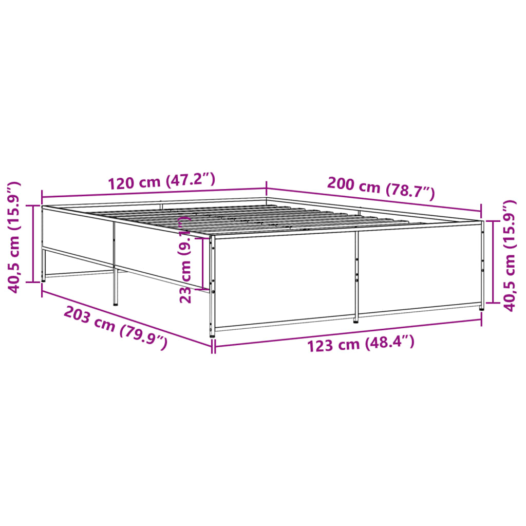 vidaXL gultas rāmis, ozola krāsā, 120x200cm, inženierijas koks, metāls