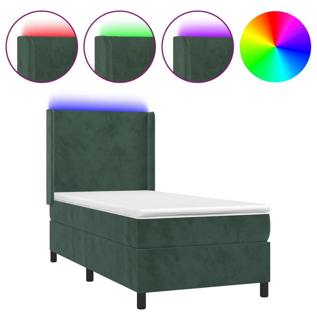 vidaXL atsperu gulta ar matraci, LED, tumši zaļš samts, 90x200 cm
