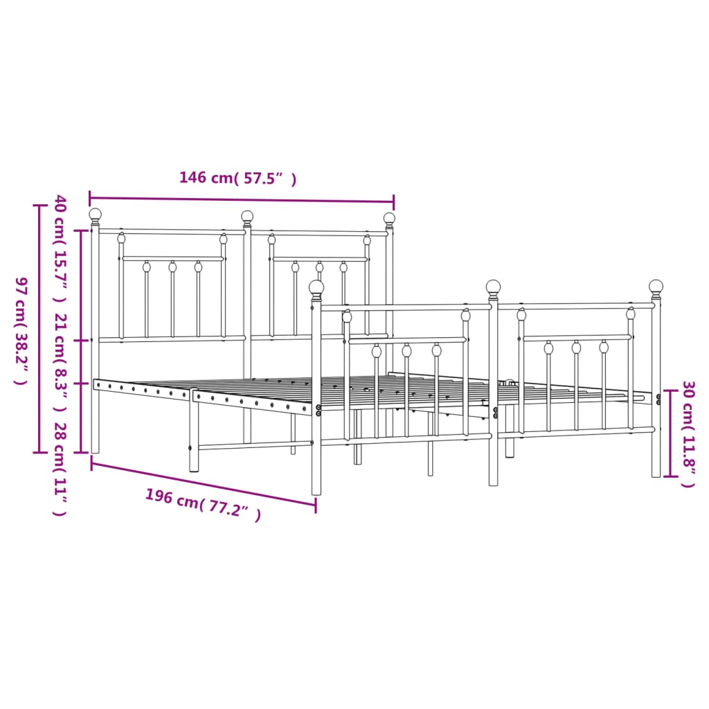 vidaXL gultas rāmis ar galvgali un kājgali, melns metāls, 140x190 cm