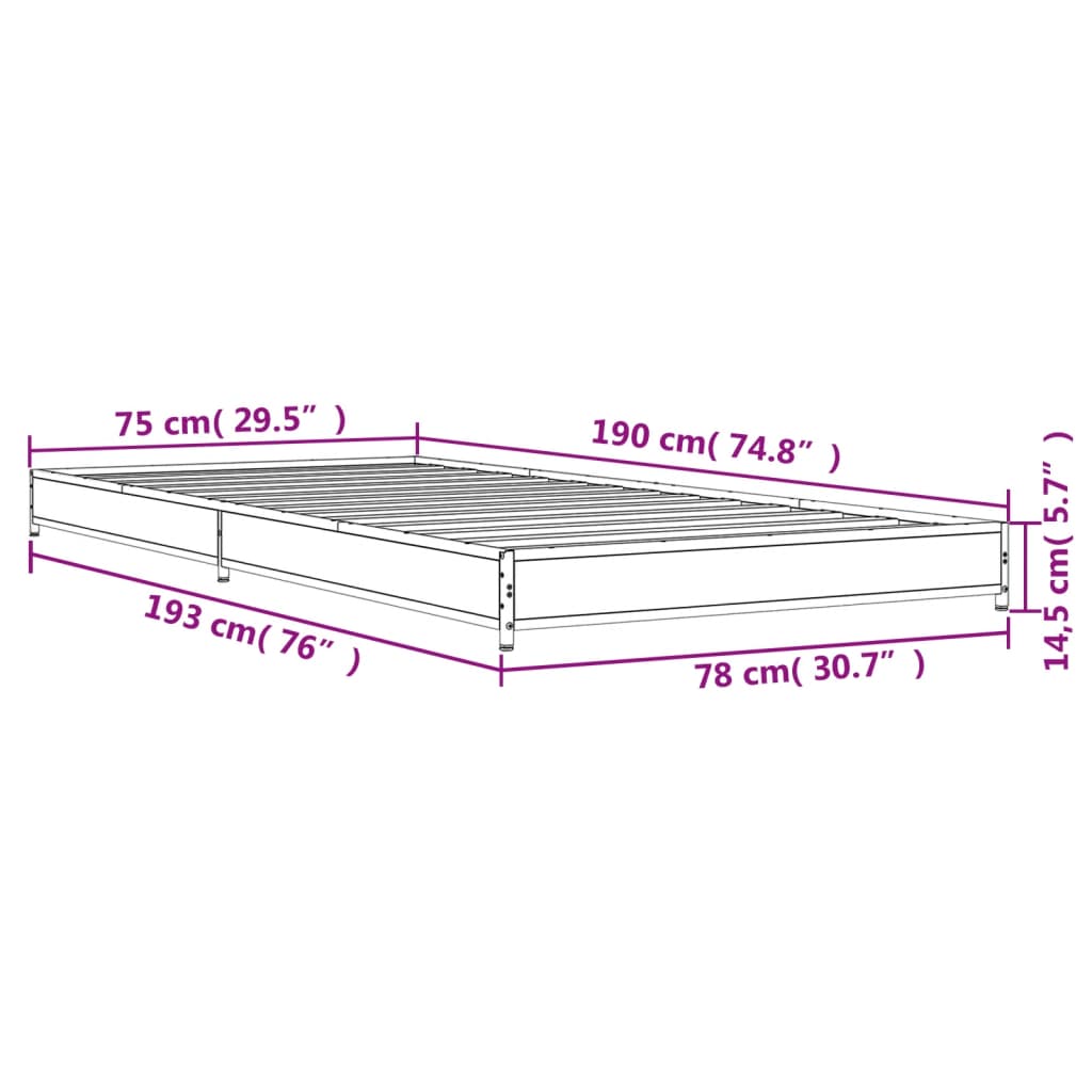 vidaXL gultas rāmis, pelēka ozola, 75x190cm, inženierijas koks, metāls