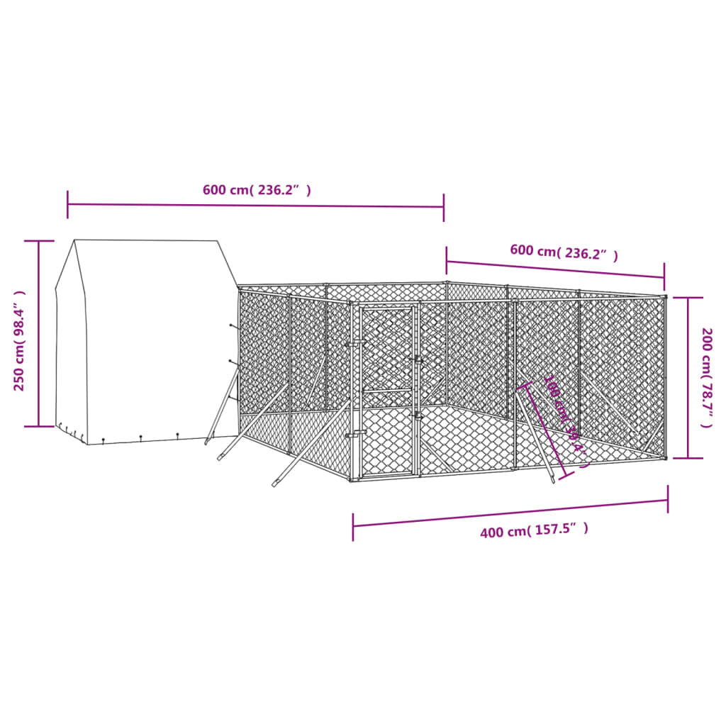 vidaXL suņu voljērs ar jumtu, 6x6x2,5m, cinkots tērauds, sudraba krāsā