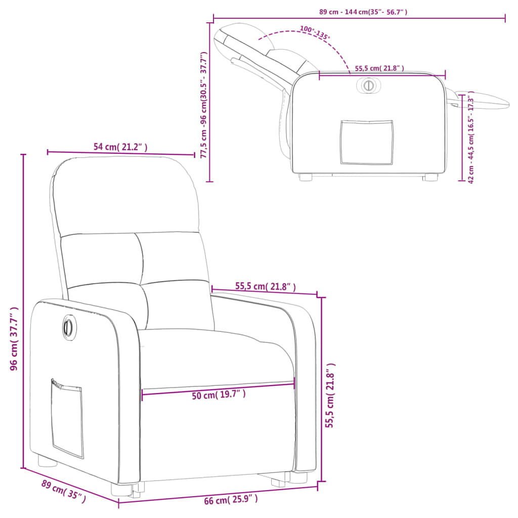 vidaXL elektrisks atpūtas krēsls, paceļams, atgāžams, melns audums