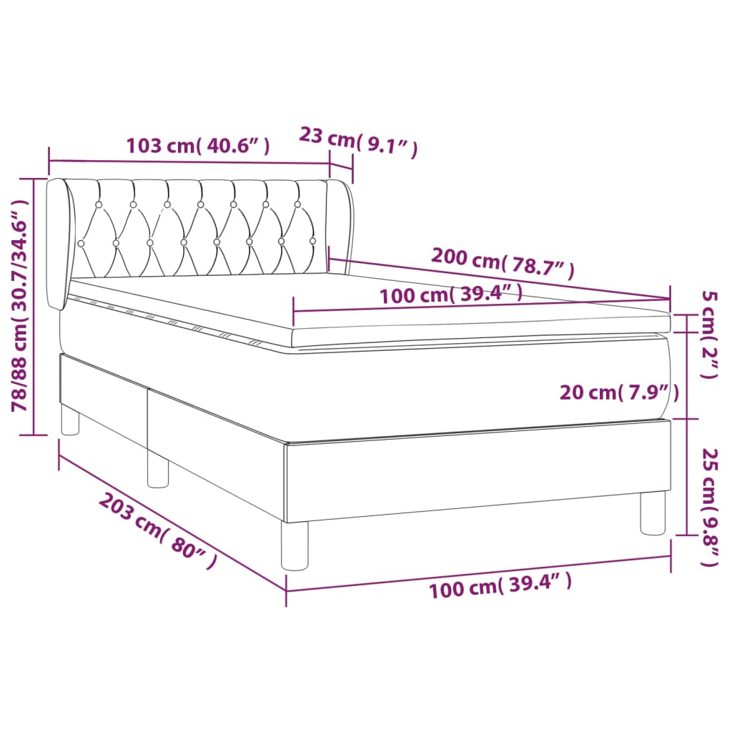 vidaXL atsperu gulta ar matraci, melna samts, 100x200 cm