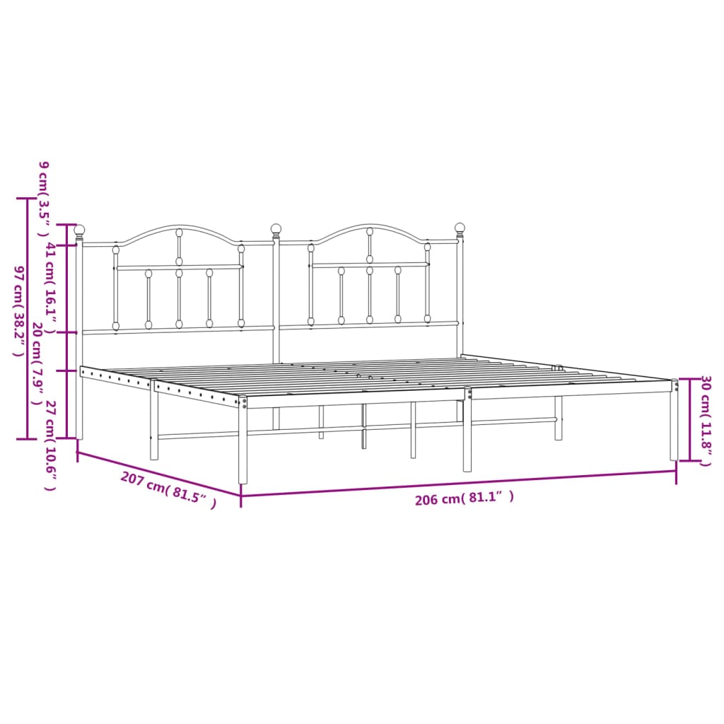 vidaXL gultas rāmis ar galvgali, melns metāls, 200x200 cm