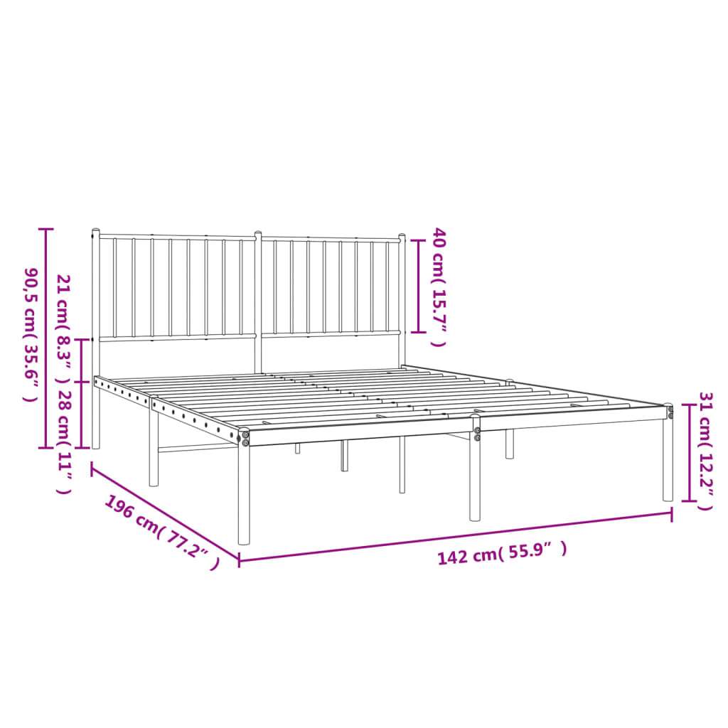 vidaXL gultas rāmis ar galvgali, melns metāls, 135x190 cm