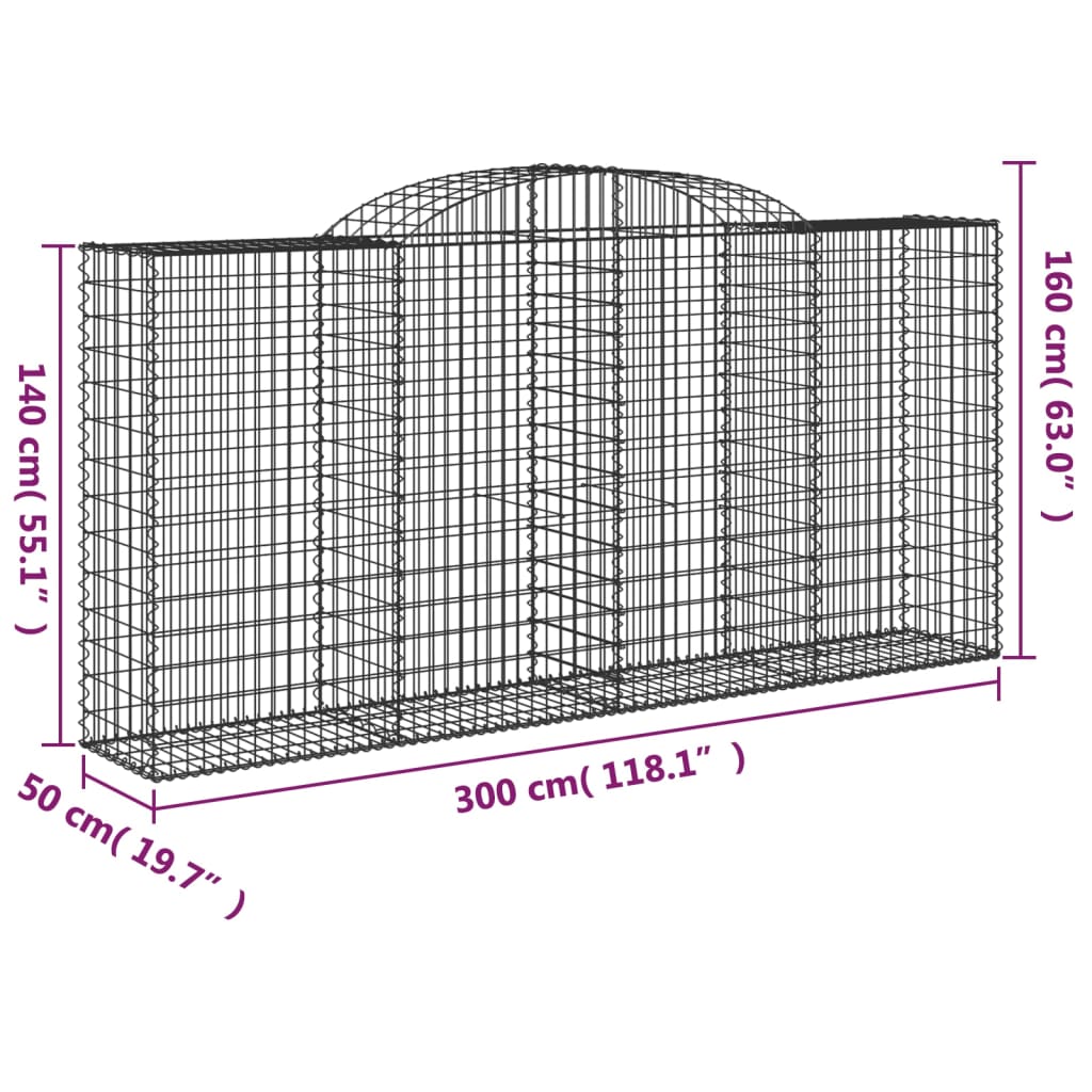 vidaXL arkveida gabiona grozi, 9 gb., 300x50x140/160cm, cinkota dzelzs