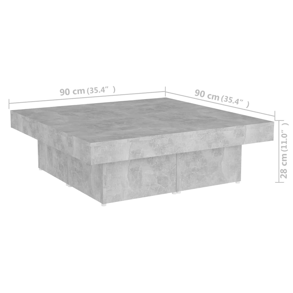 vidaXL kafijas galdiņš, betona pelēks, 90x90x28 cm, inženierijas koks