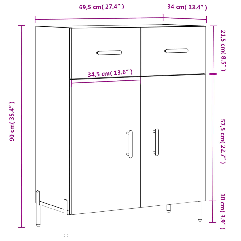 vidaXL kumode, balta, 69,5x34x90 cm, inženierijas koks