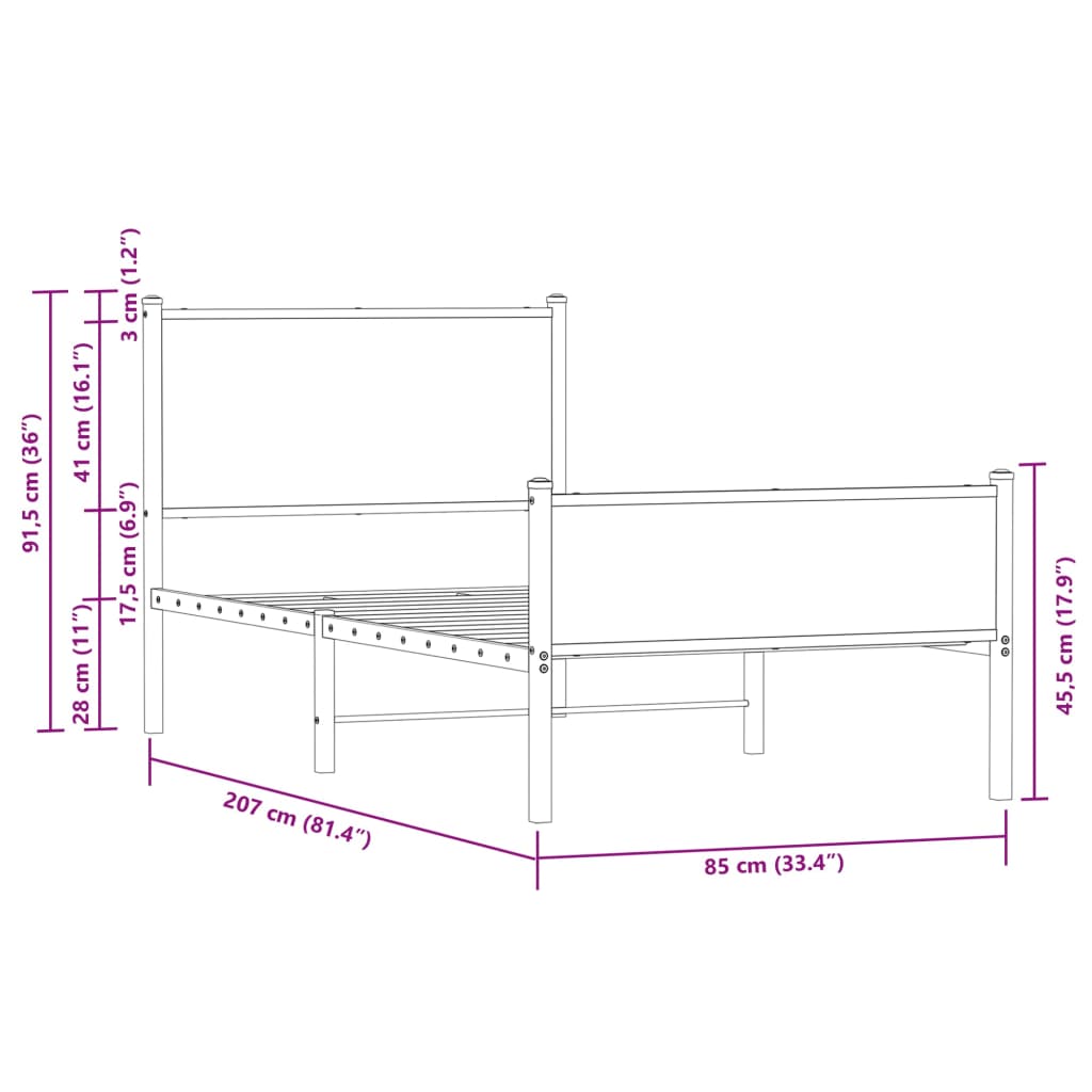 vidaXL gultas rāmis ar galvgali un kājgali, brūns metāls, 80x200 cm