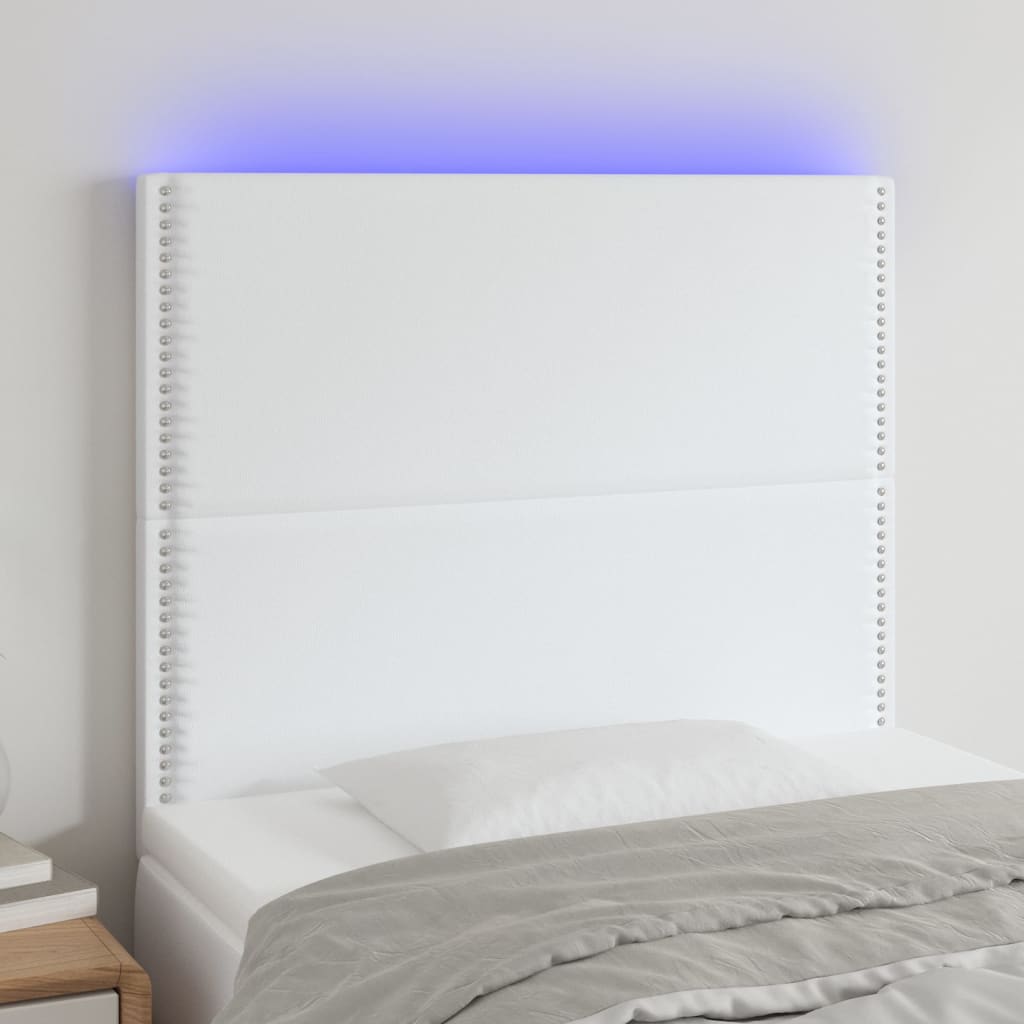 vidaXL gultas galvgalis ar LED, 100x5x118/128 cm, balta mākslīgā āda