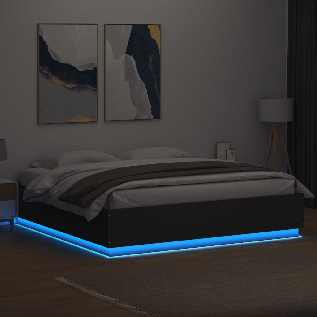 vidaXL gultas rāmis ar LED, melns, 200x200 cm, inženierijas koks
