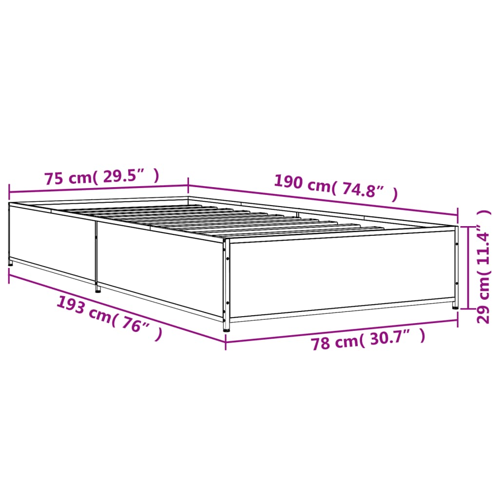 vidaXL gultas rāmis, ozola krāsā, 75x190 cm, inženierijas koks, metāls