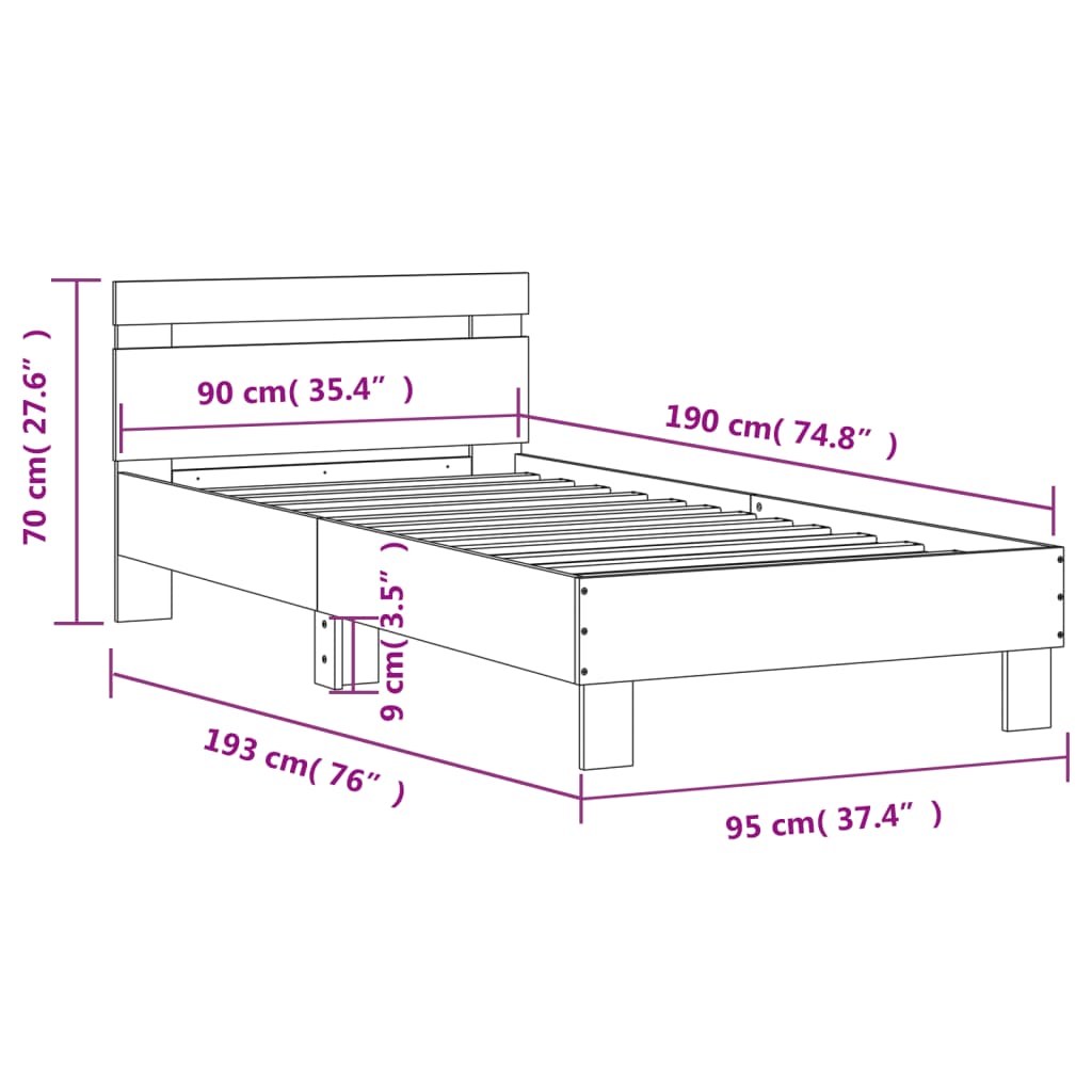 vidaXL gultas rāmis ar galvgali un LED, betona pelēks, 90x190 cm