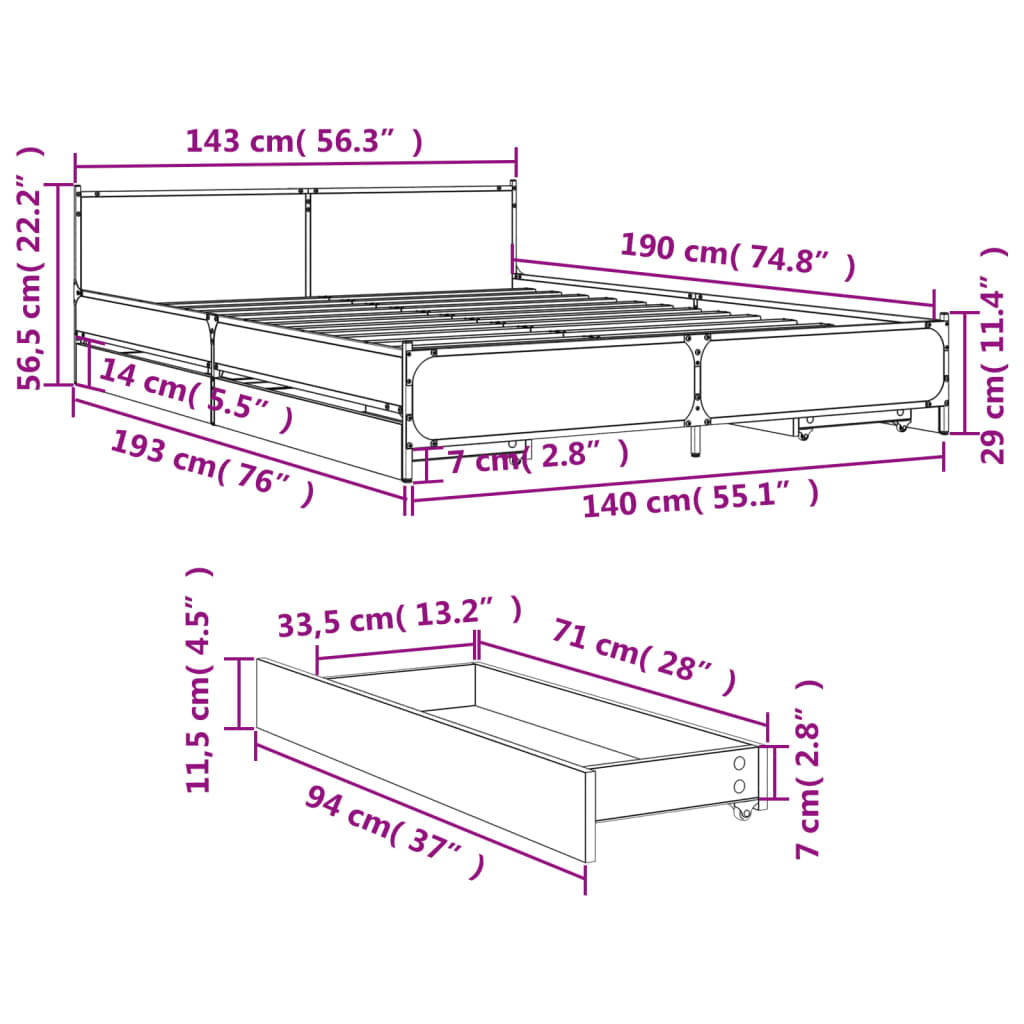 vidaXL gultas rāmis ar atvilktnēm, ozola, 140x190cm, inženierijas koks