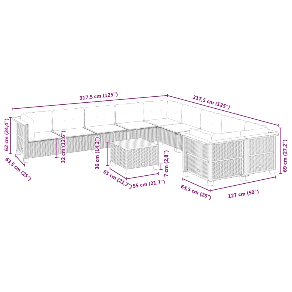 vidaXL 11-daļīgs dārza dīvāna komplekts, matrači, melna PE rotangpalma