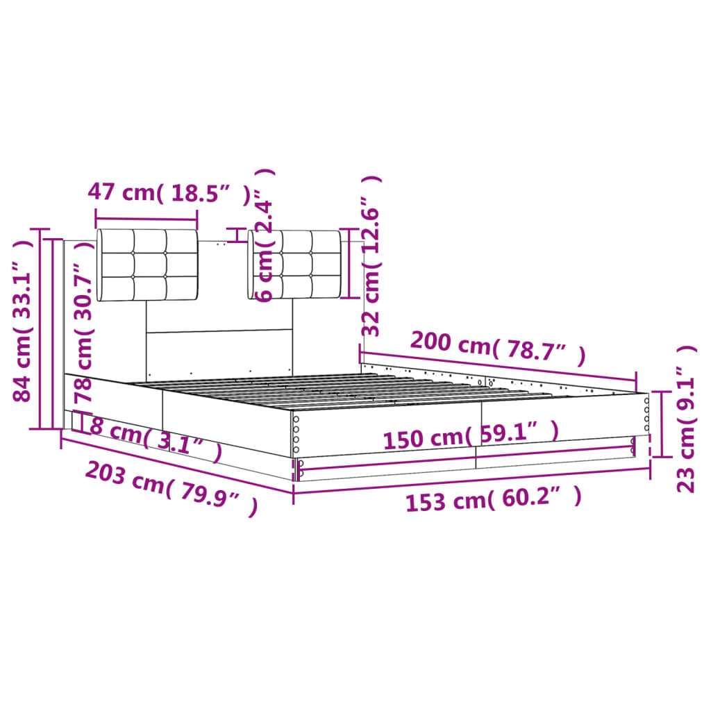 vidaXL gultas rāmis ar galvgali un LED, balts, 150x200 cm