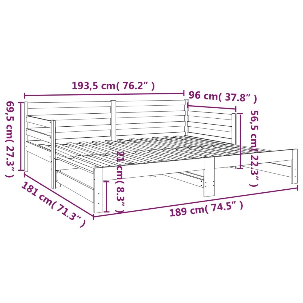 vidaXL izvelkama gulta, pelēka, 2x(90x190) cm, priedes masīvkoks