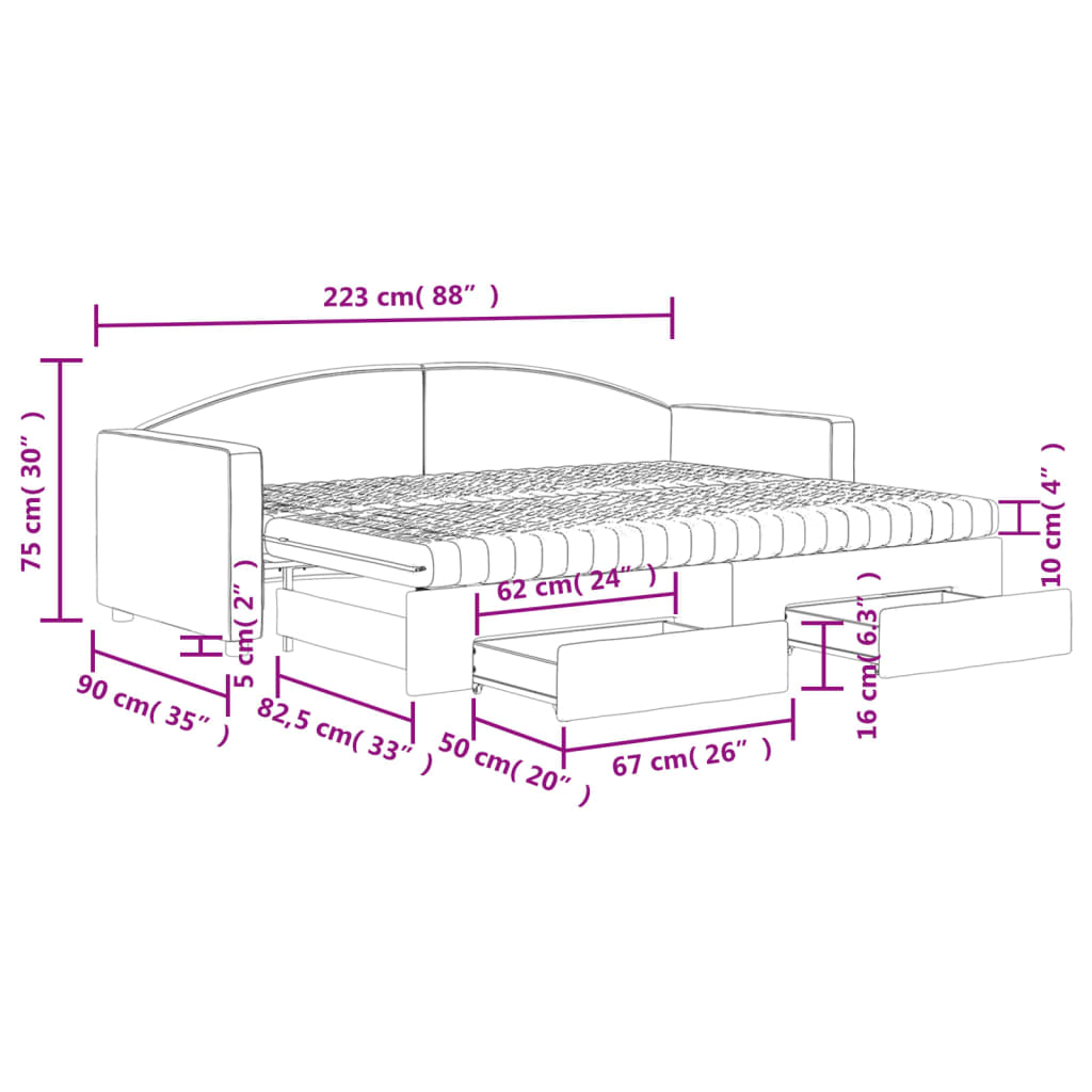 vidaXL izvelkams dīvāns ar atvilktnēm, krēmkrāsas audums, 80x200 cm