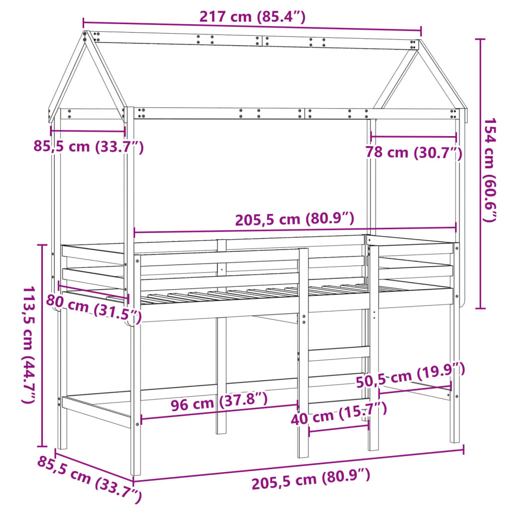 vidaXL augstā gulta ar jumtu, balta, 80x200 cm, priedes masīvkoks