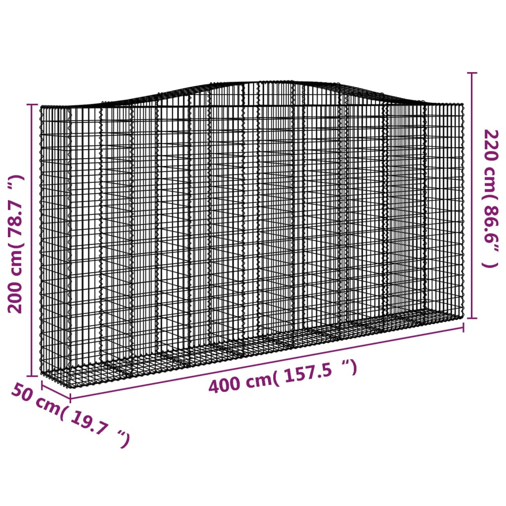 vidaXL arkveida gabiona grozs, 400x50x200/220 cm, cinkota dzelzs