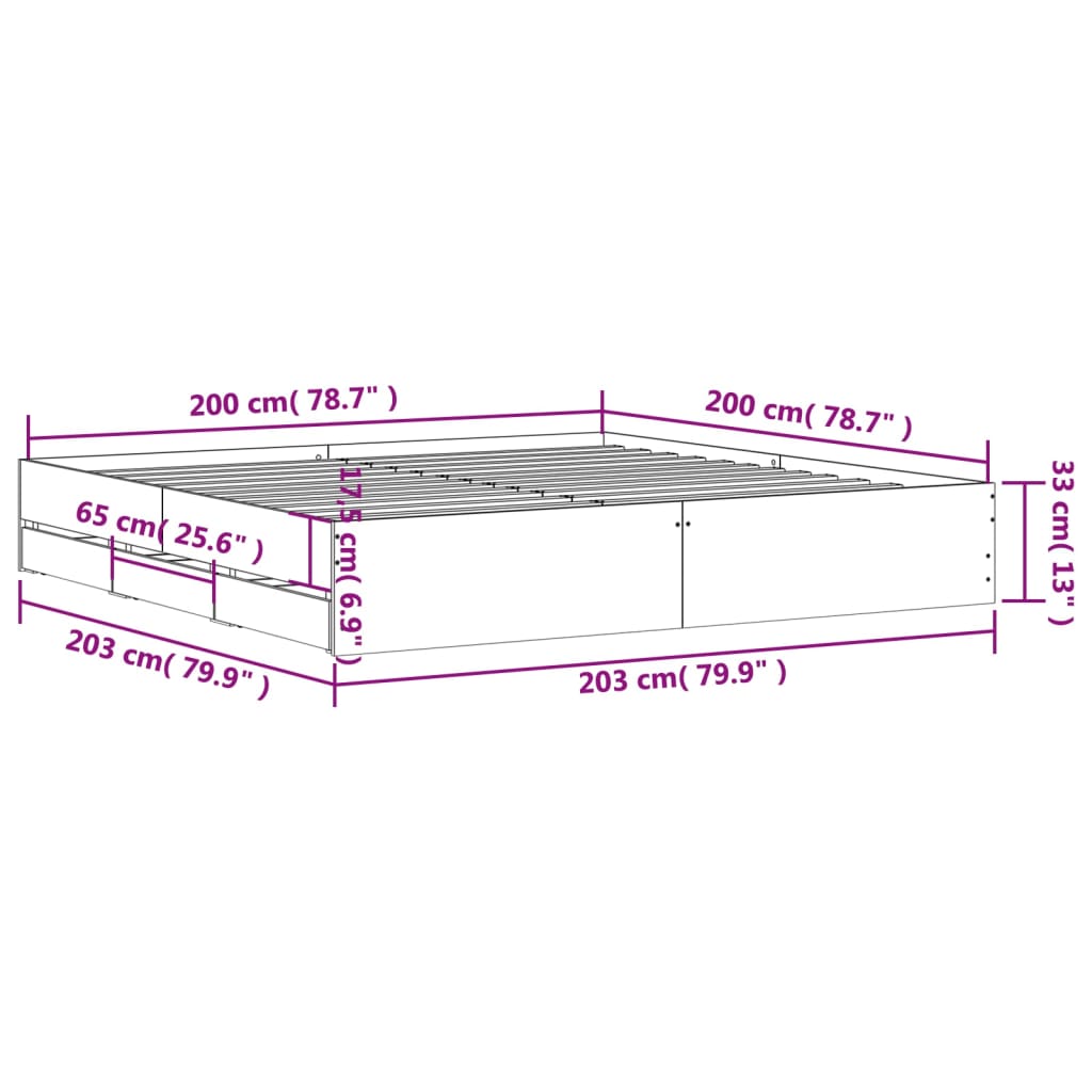 vidaXL gultas rāmis ar atvilktnēm, pelēka ozola, 200x200 cm