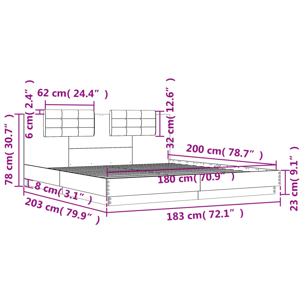 vidaXL gultas rāmis ar galvgali un LED, koka krāsa, 180x200 cm