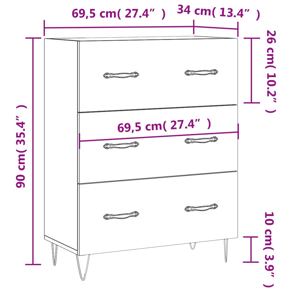 vidaXL kumode, pelēka ozolkoka, 69,5x34x90 cm, inženierijas koks