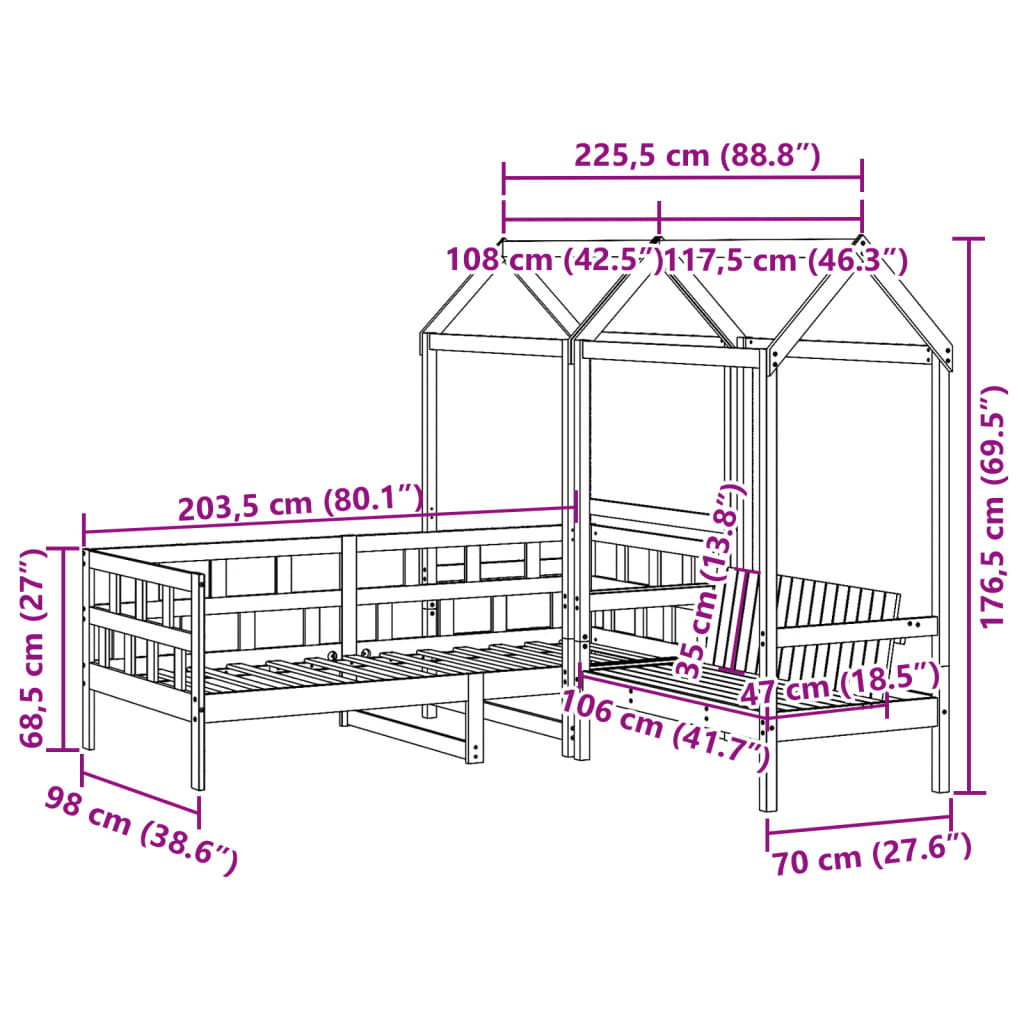 vidaXL gultas komplekts ar jumtu, 90x200 cm, priedes masīvkoks