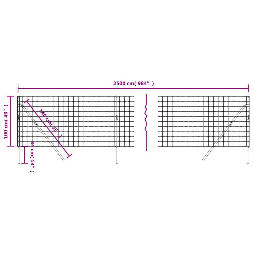 vidaXL stiepļu žogs, pelēks, 1x25 m, cinkots tērauds